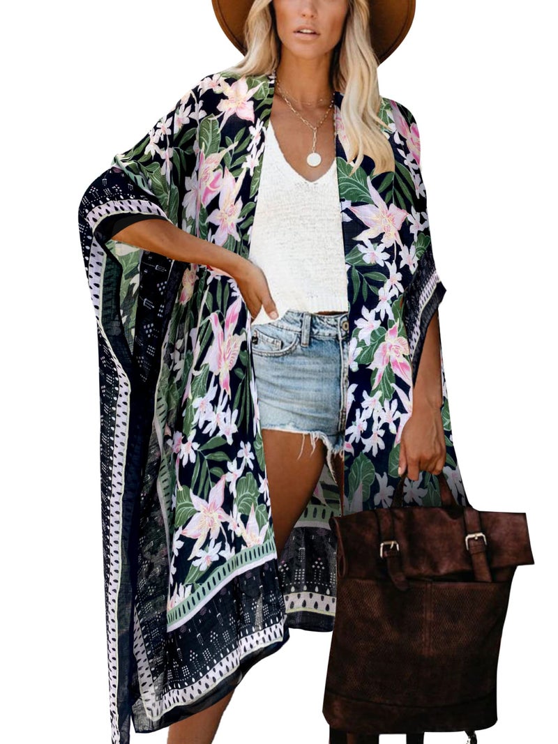 Moss Rose Women's Beach Cover up Swimsuit Kimono with Bohemian Floral Print, Loose Casual Resort Wear - Image 1
